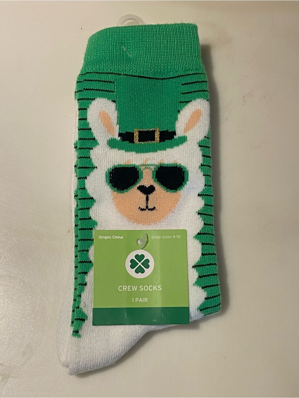 Green Llama Crew Socks, Shoe Size 4-10